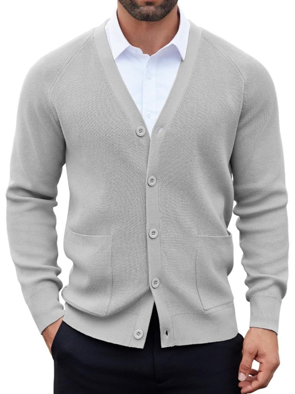 🆕Men's Light Grey Cardigan Sweaters with Button Lightweight V Neck Casual